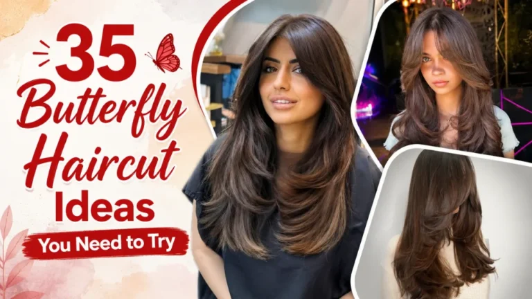 Feature image showcasing 35 butterfly haircut ideas with a collage of three women featuring long, layered, voluminous butterfly hairstyles.
