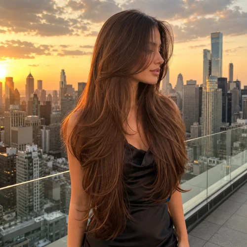 Photorealistic woman with exceptionally long chestnut-brown butterfly haircut in a black satin dress on a rooftop at golden hour
