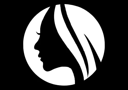 Butterfly haircut logo with a woman silhouette and flowing layered hair